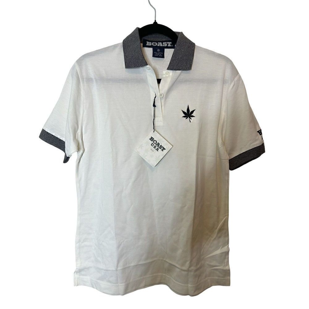 BOAST USA Men's Polo Shirt Size Medium White and Grey with Blue Leaf